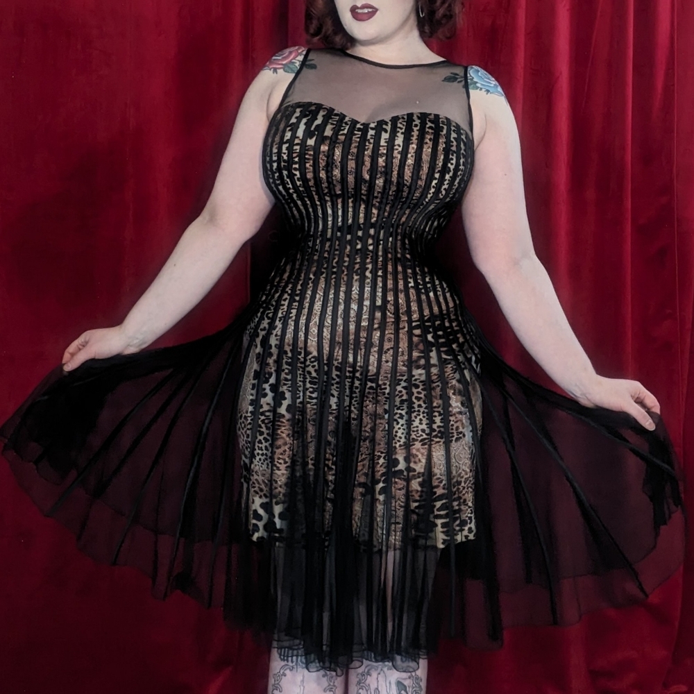 Vintage Y2K Cache leopard print midi dress with sheer mesh overlay - size 6